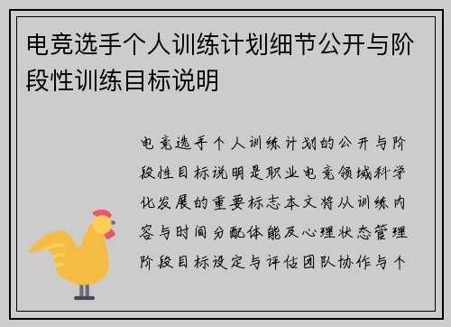 电竞选手个人训练计划细节公开与阶段性训练目标说明